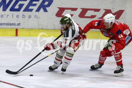 EBEL. Eishockey Bundesliga. KAC gegen	HCB Suedtirol Alperia. Comrie Adam (KAC), Brace Riley (Bozen). Klagenfurt, am 9.12.2018.
Foto: Kuess

---
pressefotos, pressefotografie, kuess, qs, qspictures, sport, bild, bilder, bilddatenbank