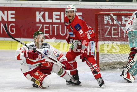 EBEL. Eishockey Bundesliga. KAC gegen	HCB Suedtirol Alperia.  Geier Stefan (KAC), Campbell Timothy (Bozen). Klagenfurt, am 9.12.2018.
Foto: Kuess

---
pressefotos, pressefotografie, kuess, qs, qspictures, sport, bild, bilder, bilddatenbank