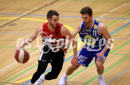 Basketball OEBV Cup. Raiders Villach gegen Swans Gmunden.  Martin Bajc,  (Villach), Lukas Schartmueller (Gmunden). Villach, am 13.12.2018.
Foto: Kuess
---
pressefotos, pressefotografie, kuess, qs, qspictures, sport, bild, bilder, bilddatenbank