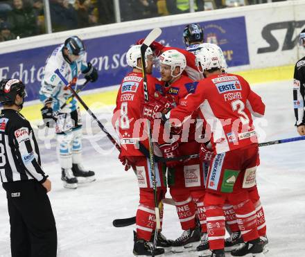 EBEL. Eishockey Bundesliga. KAC gegen	EHC Liwest Black Wings Linz. Torjubel Stefan Geier, Nicholas Petersen, Thomas Koch, Andrew Kozek, David Fischer (KAC). Klagenfurt, am 21.12.2018.
Foto: Kuess

---
pressefotos, pressefotografie, kuess, qs, qspictures, sport, bild, bilder, bilddatenbank