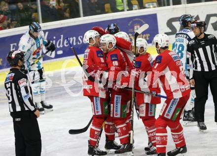 EBEL. Eishockey Bundesliga. KAC gegen	EHC Liwest Black Wings Linz. Torjubel Stefan Geier, Nicholas Petersen, Thomas Koch, Andrew Kozek, David Fischer (KAC). Klagenfurt, am 21.12.2018.
Foto: Kuess

---
pressefotos, pressefotografie, kuess, qs, qspictures, sport, bild, bilder, bilddatenbank