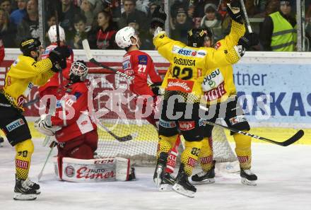 EBEL. Eishockey Bundesliga. KAC gegen	spusu Vienna Capitals. Torjubel Dorion Marc-Andre,	DeSousa Christopher, Nissner Benjamin  (Vienna Capitals). Klagenfurt, am 23.12.2018.
Foto: Kuess

---
pressefotos, pressefotografie, kuess, qs, qspictures, sport, bild, bilder, bilddatenbank