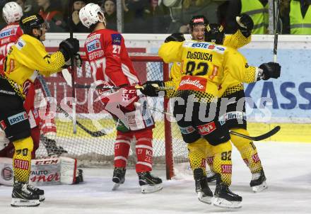 EBEL. Eishockey Bundesliga. KAC gegen	spusu Vienna Capitals. Torjubel Dorion Marc-Andre,	DeSousa Christopher, Nissner Benjamin  (Vienna Capitals). Klagenfurt, am 23.12.2018.
Foto: Kuess

---
pressefotos, pressefotografie, kuess, qs, qspictures, sport, bild, bilder, bilddatenbank