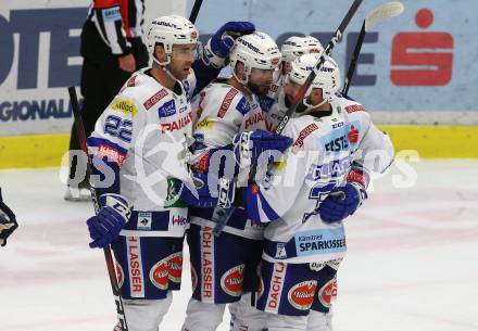 EBEL. Eishockey Bundesliga. EC VSV gegen KHL Medvescak Zagreb. Torjubel MacGregor Sharp, Yann Sauve, Bernd Wolf, Jerry Pollastrone  (VSV). Villach, am 26.12.2018.
Foto: Kuess 


---
pressefotos, pressefotografie, kuess, qs, qspictures, sport, bild, bilder, bilddatenbank