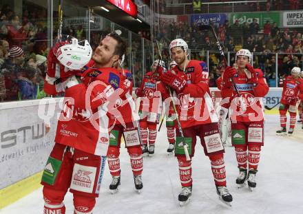 EBEL. Eishockey Bundesliga. KAC gegen	VSV. Jubel Stefan Geier, Thomas Hundertpfund, Clemens Unterweger (KAC). Klagenfurt, am 28.12.2018.
Foto: Kuess

---
pressefotos, pressefotografie, kuess, qs, qspictures, sport, bild, bilder, bilddatenbank