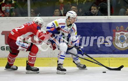 EBEL. Eishockey Bundesliga. KAC gegen	VSV. Christoph Duller,  (KAC),  Felix Maxa (VSV). Klagenfurt, am 28.12.2018.
Foto: Kuess

---
pressefotos, pressefotografie, kuess, qs, qspictures, sport, bild, bilder, bilddatenbank