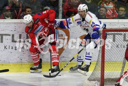 EBEL. Eishockey Bundesliga. KAC gegen	VSV. Christoph Duller,  (KAC),  Brandon Alderson (VSV). Klagenfurt, am 28.12.2018.
Foto: Kuess

---
pressefotos, pressefotografie, kuess, qs, qspictures, sport, bild, bilder, bilddatenbank