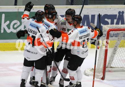 EBEL. Eishockey Bundesliga. EC VSV gegen Moser Medical Graz99ers.   Torjubel Peter Robin Weihager, Daniel Oberkofler, Domonik Grafenthin, Oliver Setzinger, Travis Oleksuk (Graz). Villach, am 30.12.2018.
Foto: Kuess 


---
pressefotos, pressefotografie, kuess, qs, qspictures, sport, bild, bilder, bilddatenbank