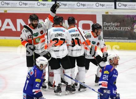 EBEL. Eishockey Bundesliga. EC VSV gegen Moser Medical Graz99ers.   Torjubel Colton Jaret Yellow Horn, Oliver Setzinger, Tyloney, Dwight King (Graz). Villach, am 30.12.2018.
Foto: Kuess 


---
pressefotos, pressefotografie, kuess, qs, qspictures, sport, bild, bilder, bilddatenbank