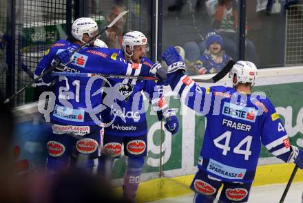 EBEL. Eishockey Bundesliga. EC VSV gegen Moser Medical Graz99ers.   Torjubel Jerry Pollastrone, Matthew Pelech, Nico Brunner, Jamie Fraser (VSV). Villach, am 30.12.2018.
Foto: Kuess 


---
pressefotos, pressefotografie, kuess, qs, qspictures, sport, bild, bilder, bilddatenbank