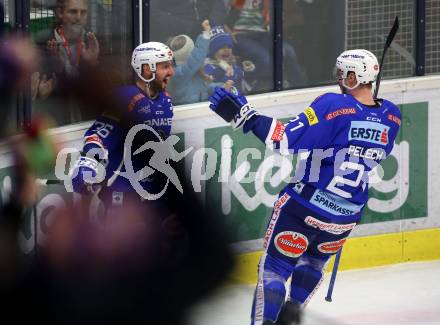 EBEL. Eishockey Bundesliga. EC VSV gegen Moser Medical Graz99ers.   Torjubel Jerry Pollastrone, Matthew Pelech (VSV). Villach, am 30.12.2018.
Foto: Kuess 


---
pressefotos, pressefotografie, kuess, qs, qspictures, sport, bild, bilder, bilddatenbank