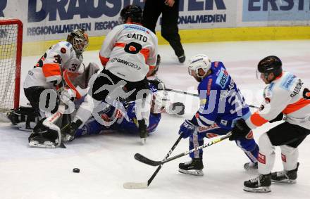 EBEL. Eishockey Bundesliga. EC VSV gegen Moser Medical Graz99ers.   Jerry Pollastrone, Blaine Down, (VSV), Henning Anton Sundin, Robin Rahm, Matthew Caito, Matt Garbowski  (Graz). Villach, am 30.12.2018.
Foto: Kuess 


---
pressefotos, pressefotografie, kuess, qs, qspictures, sport, bild, bilder, bilddatenbank