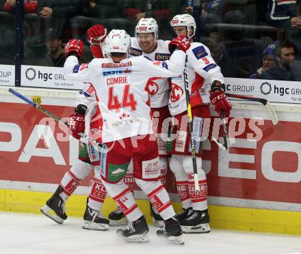 EBEL. Eishockey Bundesliga. EC VSV gegen KAC. Torjubel Nicholas Eric Petersen, David Joseph Fischer, Adam Comrie (KAC). Villach, am 1.1.2019.
Foto: Kuess 


---
pressefotos, pressefotografie, kuess, qs, qspictures, sport, bild, bilder, bilddatenbank
