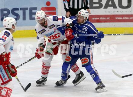 EBEL. Eishockey Bundesliga. EC VSV gegen KAC.  Nico Brunner,  (VSV),  David Joseph Fischer (KAC). Villach, am 1.1.2019.
Foto: Kuess 


---
pressefotos, pressefotografie, kuess, qs, qspictures, sport, bild, bilder, bilddatenbank