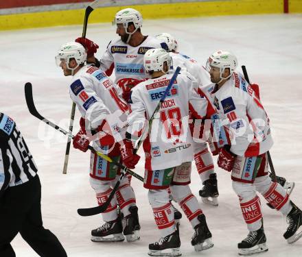 EBEL. Eishockey Bundesliga. EC VSV gegen KAC. Torjubel Stefan Geier, Nicholas Eric Petersen, Andrew Jacob Kozek, Thomas Koch, David Joseph Fischer (KAC). Villach, am 1.1.2019.
Foto: Kuess 


---
pressefotos, pressefotografie, kuess, qs, qspictures, sport, bild, bilder, bilddatenbank