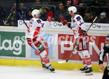 EBEL. Eishockey Bundesliga. EC VSV gegen KAC. Torjubel Nicholas Eric Petersen, David Joseph Fischer (KAC). Villach, am 1.1.2019.
Foto: Kuess 


---
pressefotos, pressefotografie, kuess, qs, qspictures, sport, bild, bilder, bilddatenbank