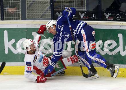 EBEL. Eishockey Bundesliga. EC VSV gegen KAC. Matthew Pelech,  (VSV),  Siim Liivik  (KAC). Villach, am 1.1.2019.
Foto: Kuess 


---
pressefotos, pressefotografie, kuess, qs, qspictures, sport, bild, bilder, bilddatenbank