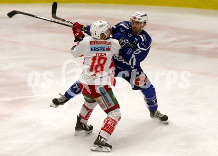 EBEL. Eishockey Bundesliga. EC VSV gegen KAC.  Jason Desantis,  (VSV),  Thomas Koch (KAC). Villach, am 1.1.2019.
Foto: Kuess 


---
pressefotos, pressefotografie, kuess, qs, qspictures, sport, bild, bilder, bilddatenbank