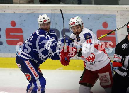 EBEL. Eishockey Bundesliga. EC VSV gegen KAC.  Jason Desantis,  (VSV),  Thomas Koch (KAC). Villach, am 1.1.2019.
Foto: Kuess 


---
pressefotos, pressefotografie, kuess, qs, qspictures, sport, bild, bilder, bilddatenbank