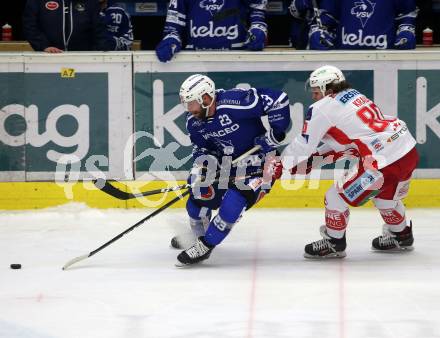 EBEL. Eishockey Bundesliga. EC VSV gegen KAC.  Markus Schlacher,  (VSV),  Nikolaus Kraus (KAC). Villach, am 1.1.2019.
Foto: Kuess 


---
pressefotos, pressefotografie, kuess, qs, qspictures, sport, bild, bilder, bilddatenbank