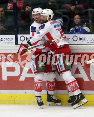 EBEL. Eishockey Bundesliga. EC VSV gegen KAC. Torjubel Nicholas Eric Petersen, David Joseph Fischer (KAC). Villach, am 1.1.2019.
Foto: Kuess 


---
pressefotos, pressefotografie, kuess, qs, qspictures, sport, bild, bilder, bilddatenbank