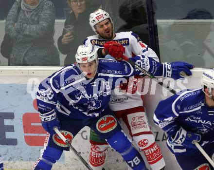 EBEL. Eishockey Bundesliga. EC VSV gegen KAC.  Felix Maxa, (VSV), Marcel Witting  (KAC). Villach, am 1.1.2019.
Foto: Kuess 


---
pressefotos, pressefotografie, kuess, qs, qspictures, sport, bild, bilder, bilddatenbank