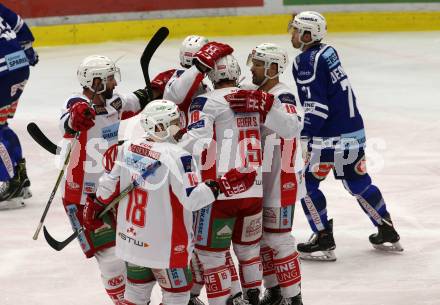 EBEL. Eishockey Bundesliga. EC VSV gegen KAC.  Torjubel Stefan Geier, Nicholas Eric Petersen, Andrew Jacob Kozek, Thomas Koch, David Joseph Fischer (KAC). Villach, am 1.1.2019.
Foto: Kuess 


---
pressefotos, pressefotografie, kuess, qs, qspictures, sport, bild, bilder, bilddatenbank