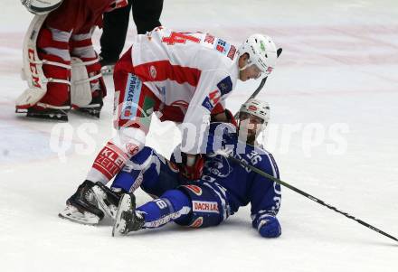 EBEL. Eishockey Bundesliga. EC VSV gegen KAC.  Jerry Pollastrone, (VSV),  Adam Comrie (KAC). Villach, am 1.1.2019.
Foto: Kuess 


---
pressefotos, pressefotografie, kuess, qs, qspictures, sport, bild, bilder, bilddatenbank