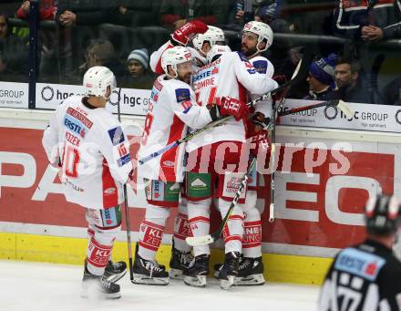 EBEL. Eishockey Bundesliga. EC VSV gegen KAC.  Torjubel Nicholas Eric Petersen, David Joseph Fischer, Adam Comrie, Thomas Koch, Andrew Jacob Kozek (KAC). Villach, am 1.1.2019.
Foto: Kuess 


---
pressefotos, pressefotografie, kuess, qs, qspictures, sport, bild, bilder, bilddatenbank