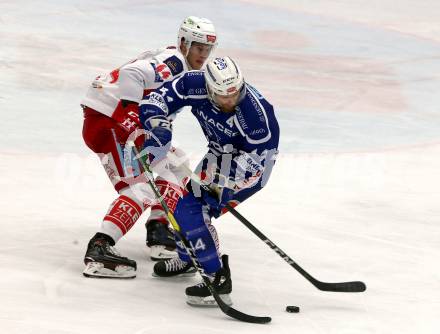 EBEL. Eishockey Bundesliga. EC VSV gegen KAC.  Jamie Fraser, (VSV),  Adam Comrie  (KAC). Villach, am 1.1.2019.
Foto: Kuess 


---
pressefotos, pressefotografie, kuess, qs, qspictures, sport, bild, bilder, bilddatenbank