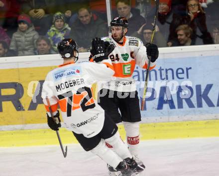 EBEL. Eishockey Bundesliga. KAC gegen	Moser Medical Graz99ers.  Torjubel Natter Daniel, Moderer Kevin,  (Graz). Klagenfurt, am 4.1.2019.
Foto: Kuess

---
pressefotos, pressefotografie, kuess, qs, qspictures, sport, bild, bilder, bilddatenbank