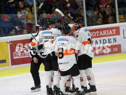 EBEL. Eishockey Bundesliga. KAC gegen	Moser Medical Graz99ers.  Torjubel King Dwight, Caito Matthew, Jakobsson Robin (Graz). Klagenfurt, am 4.1.2019.
Foto: Kuess

---
pressefotos, pressefotografie, kuess, qs, qspictures, sport, bild, bilder, bilddatenbank