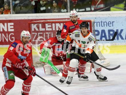 EBEL. Eishockey Bundesliga. KAC gegen	Moser Medical Graz99ers. Haugen Lars, Koch Thomas,	Kozek Andrew Jacob (KAC), Garbowsky Matt (Graz). Klagenfurt, am 4.1.2019.
Foto: Kuess

---
pressefotos, pressefotografie, kuess, qs, qspictures, sport, bild, bilder, bilddatenbank