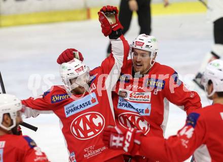 EBEL. Eishockey Bundesliga. KAC gegen	Moser Medical Graz99ers. Torjubel Neal Matthew, Petersen Nicholas Eric (KAC). Klagenfurt, am 4.1.2019.
Foto: Kuess

---
pressefotos, pressefotografie, kuess, qs, qspictures, sport, bild, bilder, bilddatenbank