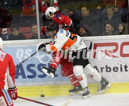 EBEL. Eishockey Bundesliga. KAC gegen	Moser Medical Graz99ers. Fischer David Joseph (KAC), Hamilton Curtis (Graz). Klagenfurt, am 4.1.2019.
Foto: Kuess

---
pressefotos, pressefotografie, kuess, qs, qspictures, sport, bild, bilder, bilddatenbank