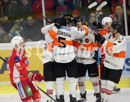 EBEL. Eishockey Bundesliga. KAC gegen	Moser Medical Graz99ers.  Torjubel Natter Daniel, Moderer Kevin, Jakobsson Robin (Graz). Klagenfurt, am 4.1.2019.
Foto: Kuess

---
pressefotos, pressefotografie, kuess, qs, qspictures, sport, bild, bilder, bilddatenbank