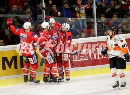 EBEL. Eishockey Bundesliga. KAC gegen	Moser Medical Graz99ers.  Torjubel Petersen Nicholas Eric, Strong Steven, Koch Thomas, Duller Christoph, (KAC). Klagenfurt, am 4.1.2019.
Foto: Kuess

---
pressefotos, pressefotografie, kuess, qs, qspictures, sport, bild, bilder, bilddatenbank