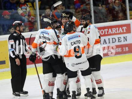 EBEL. Eishockey Bundesliga. KAC gegen	Moser Medical Graz99ers.  Torjubel King Dwight, Caito Matthew, Jakobsson Robin (Graz). Klagenfurt, am 4.1.2019.
Foto: Kuess

---
pressefotos, pressefotografie, kuess, qs, qspictures, sport, bild, bilder, bilddatenbank