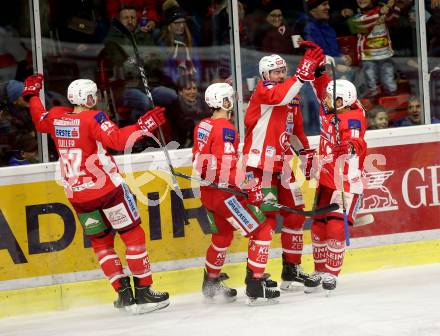 EBEL. Eishockey Bundesliga. KAC gegen	Moser Medical Graz99ers.  Torjubel Petersen Nicholas Eric, Strong Steven, Koch Thomas, Duller Christoph, (KAC). Klagenfurt, am 4.1.2019.
Foto: Kuess

---
pressefotos, pressefotografie, kuess, qs, qspictures, sport, bild, bilder, bilddatenbank