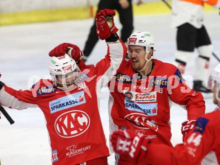 EBEL. Eishockey Bundesliga. KAC gegen	Moser Medical Graz99ers. Torjubel Neal Matthew, Petersen Nicholas Eric (KAC). Klagenfurt, am 4.1.2019.
Foto: Kuess

---
pressefotos, pressefotografie, kuess, qs, qspictures, sport, bild, bilder, bilddatenbank