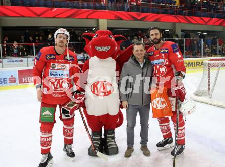 EBEL. Eishockey Bundesliga. KAC gegen	Moser Medical Graz99ers. Petersen Nicholas Eric, Fischer David Joseph (KAC). Klagenfurt, am 4.1.2019.
Foto: Kuess

---
pressefotos, pressefotografie, kuess, qs, qspictures, sport, bild, bilder, bilddatenbank