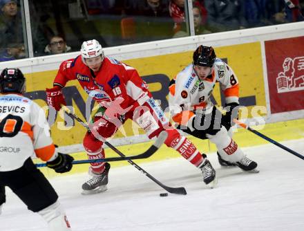 EBEL. Eishockey Bundesliga. KAC gegen	Moser Medical Graz99ers. Patrick Harand (KAC), Caito Matthew (Graz). Klagenfurt, am 4.1.2019.
Foto: Kuess

---
pressefotos, pressefotografie, kuess, qs, qspictures, sport, bild, bilder, bilddatenbank