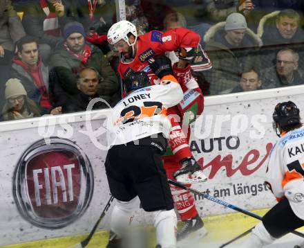 EBEL. Eishockey Bundesliga. KAC gegen	Moser Medical Graz99ers. Fischer David Joseph (KAC), Loney Ty (Graz). Klagenfurt, am 4.1.2019.
Foto: Kuess

---
pressefotos, pressefotografie, kuess, qs, qspictures, sport, bild, bilder, bilddatenbank