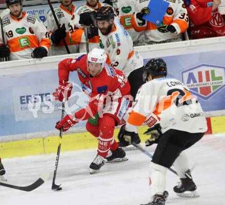 EBEL. Eishockey Bundesliga. KAC gegen	Moser Medical Graz99ers. Comrie Adam (KAC), Loney Ty (Graz). Klagenfurt, am 4.1.2019.
Foto: Kuess

---
pressefotos, pressefotografie, kuess, qs, qspictures, sport, bild, bilder, bilddatenbank