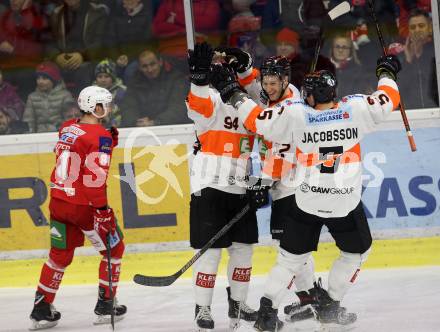 EBEL. Eishockey Bundesliga. KAC gegen	Moser Medical Graz99ers.  Torjubel Natter Daniel, Moderer Kevin, Jakobsson Robin (Graz). Klagenfurt, am 4.1.2019.
Foto: Kuess

---
pressefotos, pressefotografie, kuess, qs, qspictures, sport, bild, bilder, bilddatenbank