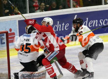 EBEL. Eishockey Bundesliga. KAC gegen	Moser Medical Graz99ers. Thomas Hundertpfund, (KAC), Rahm Robin, King Dwight (Graz). Klagenfurt, am 4.1.2019.
Foto: Kuess

---
pressefotos, pressefotografie, kuess, qs, qspictures, sport, bild, bilder, bilddatenbank