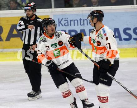 EBEL. Eishockey Bundesliga. KAC gegen	Moser Medical Graz99ers. Torjubel Setzinger Oliver, Yellow Horn Colton Jaret, (Graz). Klagenfurt, am 4.1.2019.
Foto: Kuess

---
pressefotos, pressefotografie, kuess, qs, qspictures, sport, bild, bilder, bilddatenbank