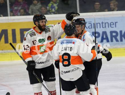 EBEL. Eishockey Bundesliga. KAC gegen	Moser Medical Graz99ers. Torjubel Setzinger Oliver, Yellow Horn Colton Jaret, King Dwight, Caito Matthew  (Graz). Klagenfurt, am 4.1.2019.
Foto: Kuess

---
pressefotos, pressefotografie, kuess, qs, qspictures, sport, bild, bilder, bilddatenbank