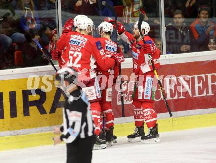 EBEL. Eishockey Bundesliga. KAC gegen	Moser Medical Graz99ers.  Torjubel Petersen Nicholas Eric, Strong Steven, Koch Thomas, Duller Christoph,	Neal Matthew (KAC). Klagenfurt, am 4.1.2019.
Foto: Kuess

---
pressefotos, pressefotografie, kuess, qs, qspictures, sport, bild, bilder, bilddatenbank