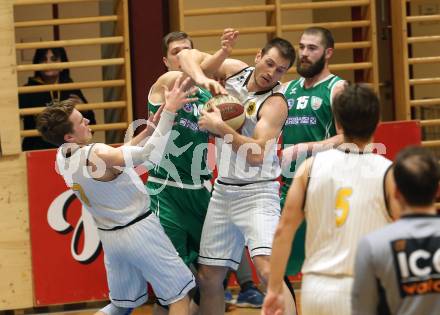 Basketball 2. Bundesliga. Grunddurchgang 13. Runde. Woerthersee Piraten gegen KOS Celovec.  Lukas Simoner,  Maximilian Kunovjanek,  (Woerthersee Piraten), Lovro Fizuleto, Jaka Stemberger (KOS). Klagenfurt, am 5.1.2019.
Foto: Kuess
---
pressefotos, pressefotografie, kuess, qs, qspictures, sport, bild, bilder, bilddatenbank